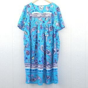 Only Necessities House Dress Women's 1X Blue Cotton Boho Loungewear Patio Muumuu